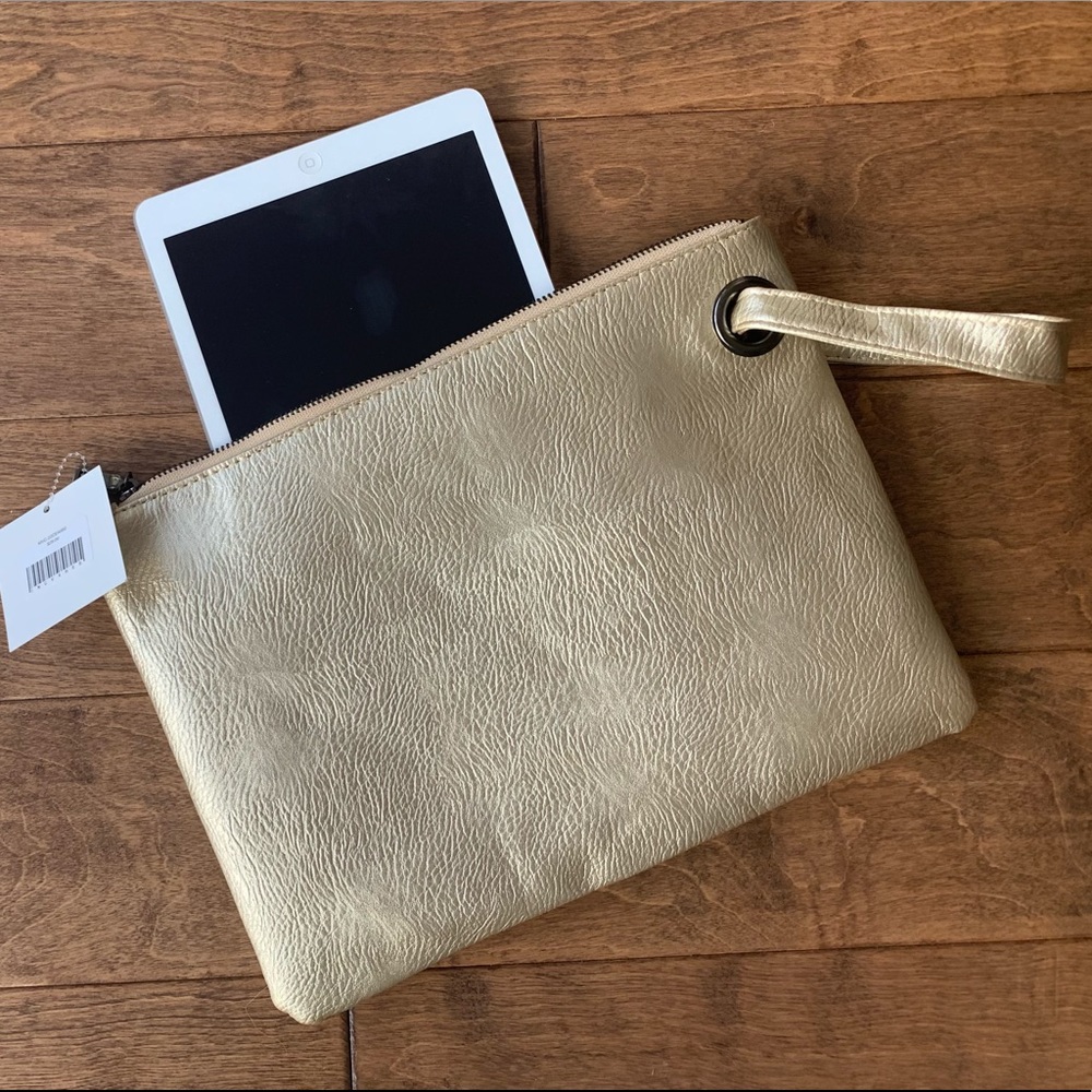 Gold faux leather wristlet • large enough for iPad & more. Brand New w/ Tags.
